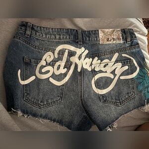 Ed Hardy Blue Denim Shorts with White Script